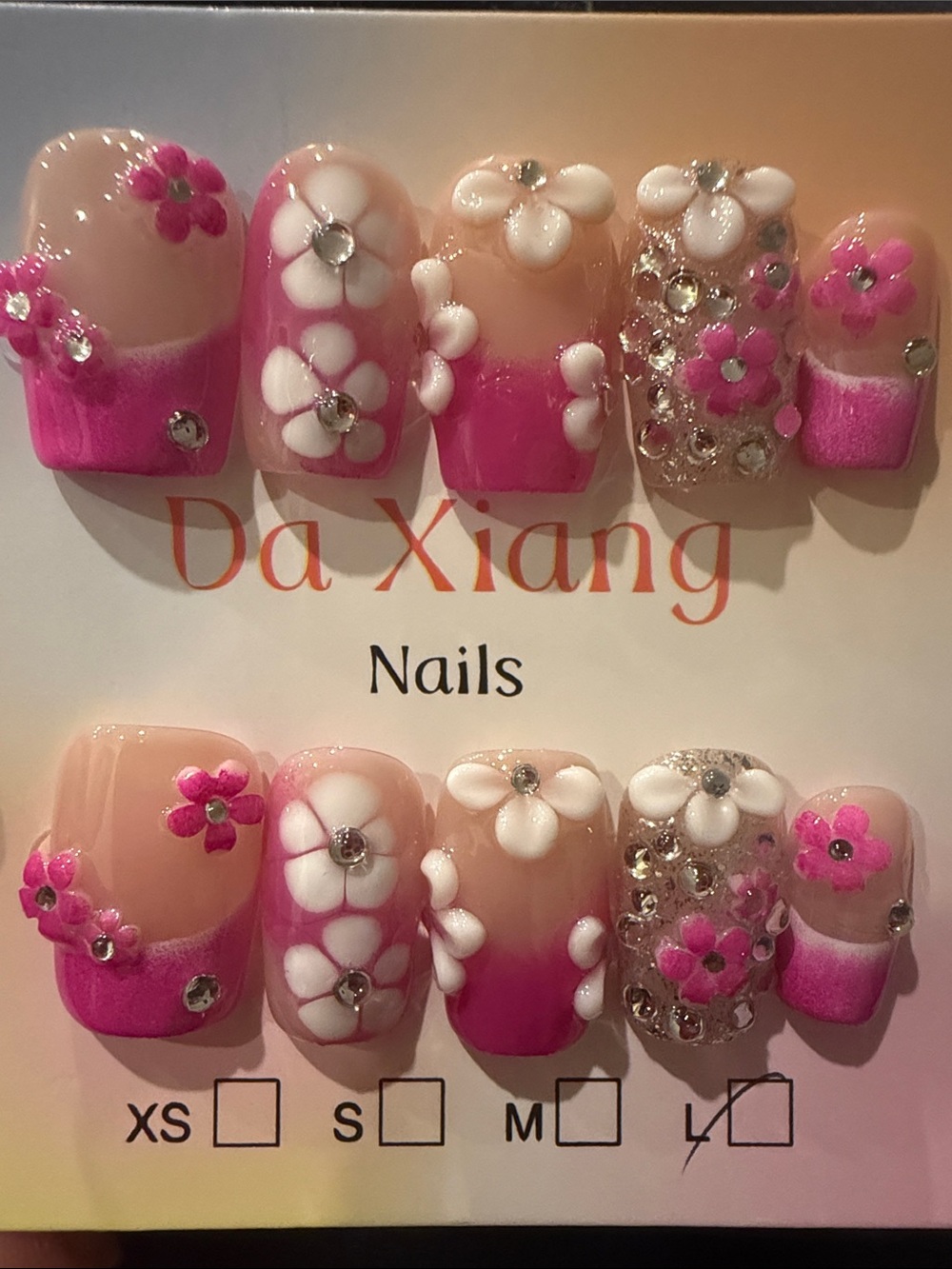 Pink Floral 3D Rhinestone handmade acrylic Press-On Nails